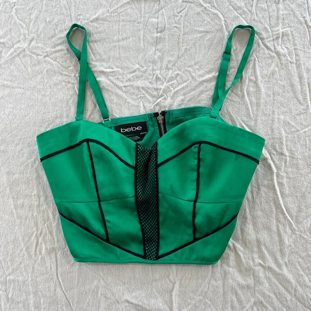 Bebe womens green corset top with black trim and zipper detail xxs